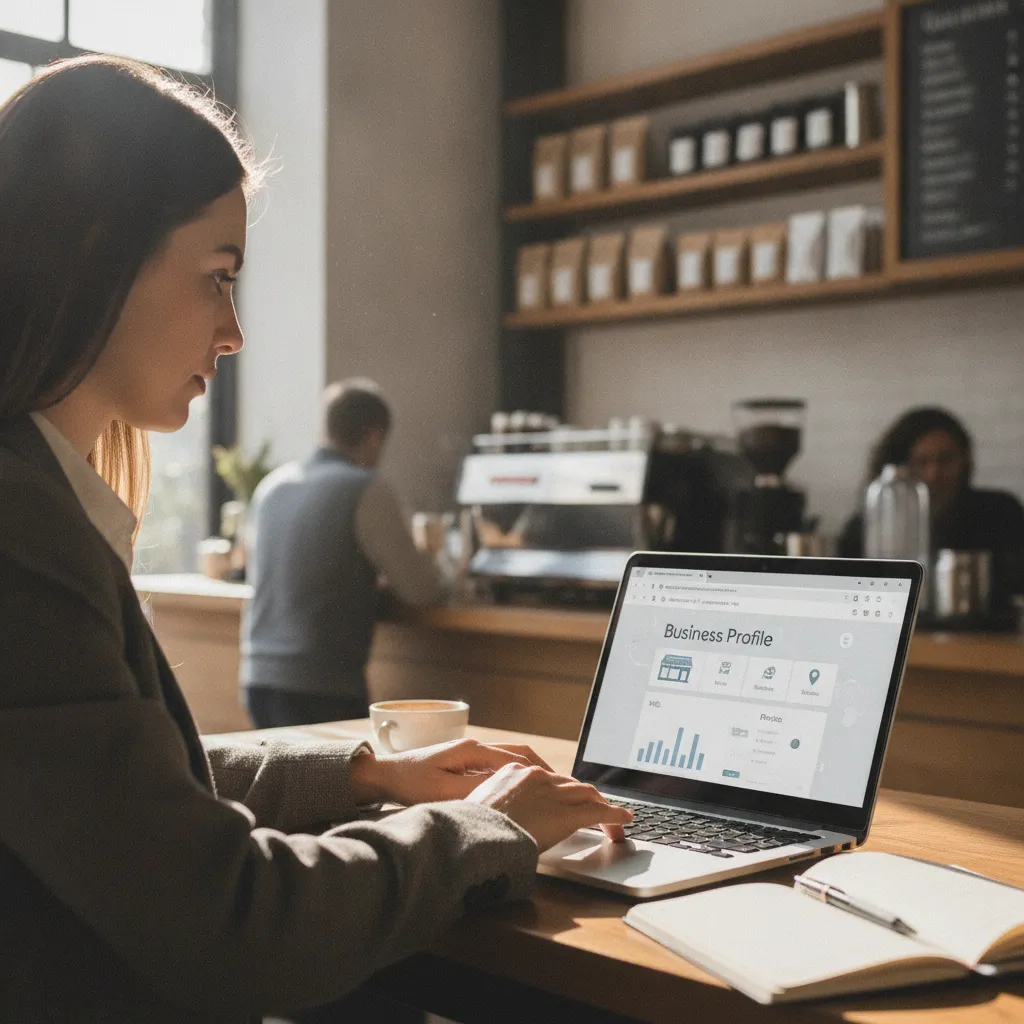 photographic scene of a business owner updating their Google Business Profile on a laptop