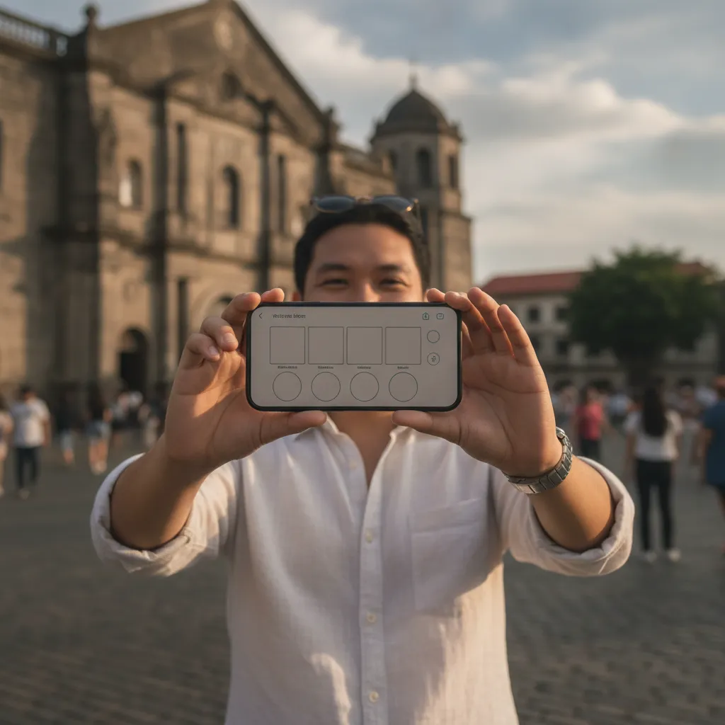 A person holding a smartphone with a social media app open, standing in front of a popular Manila landmark