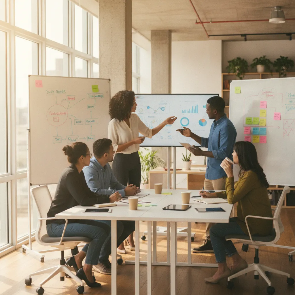 photographic scene of a team brainstorming marketing strategies in a modern office