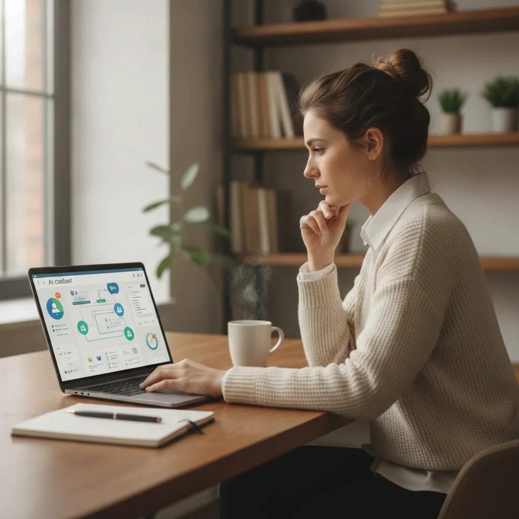 photographic scene of a business owner analyzing customer interactions on a laptop with AI chatbot software open