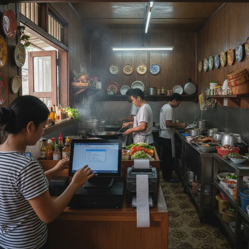 photographic scene of a small restaurant in the Philippines featuring a busy kitchen with a POS terminal in use