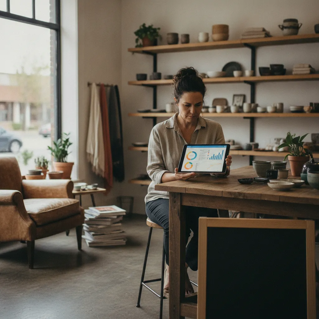 photographic scene of a small retail shop with a business owner reviewing customer data on a tablet