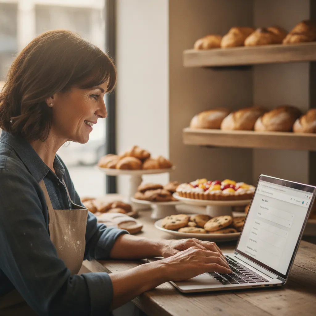 A close‑up of a local bakery owner updating their Google Business Profile on a laptop, with pastries visible in the background