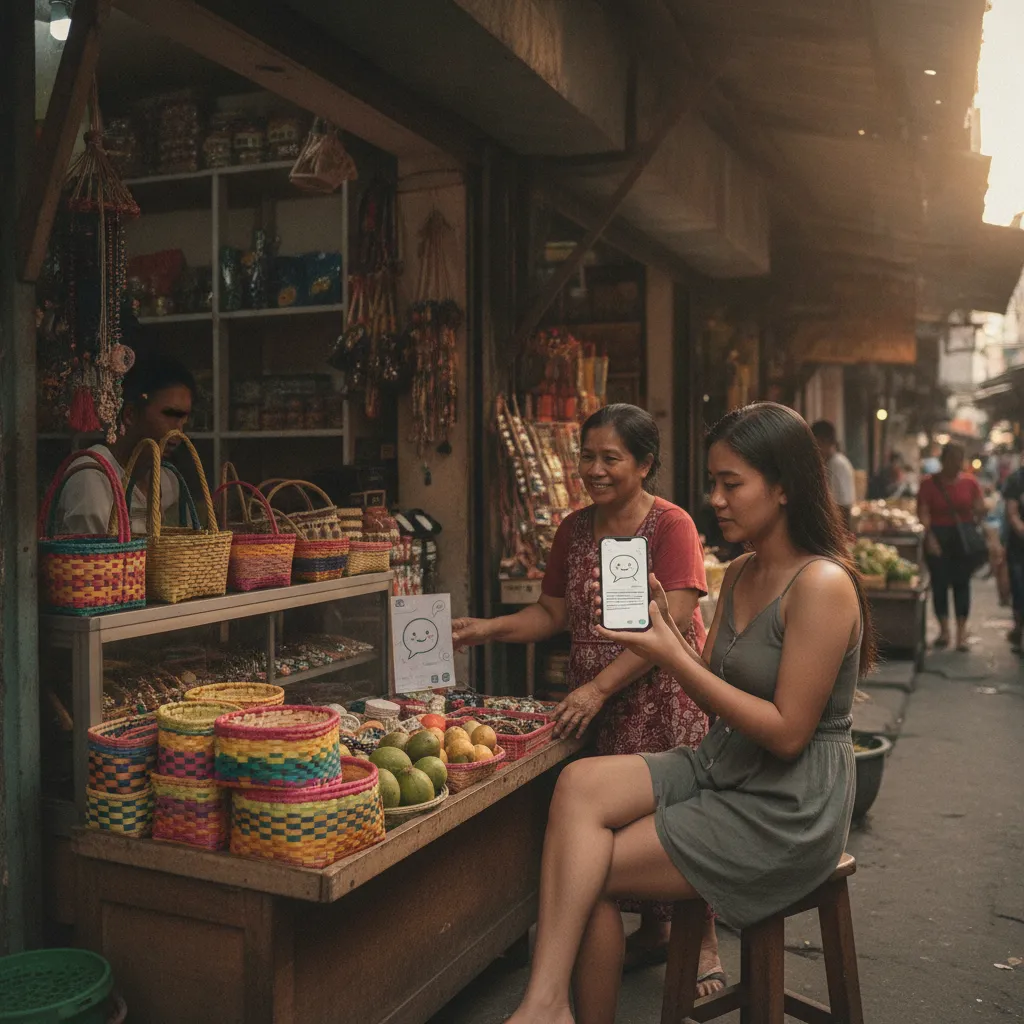 photographic scene, a small retail business in the Philippines showcasing a customer using a chatbot on a mobile device for inquiries