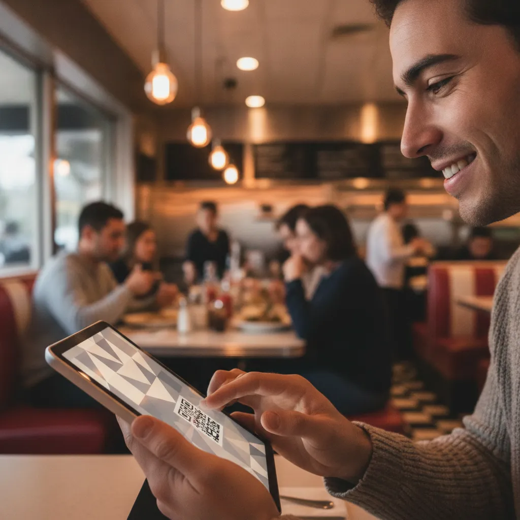 A close‑up of a diner scanning a QR code on a menu tablet, smiling while placing an order, with a bustling restaurant background