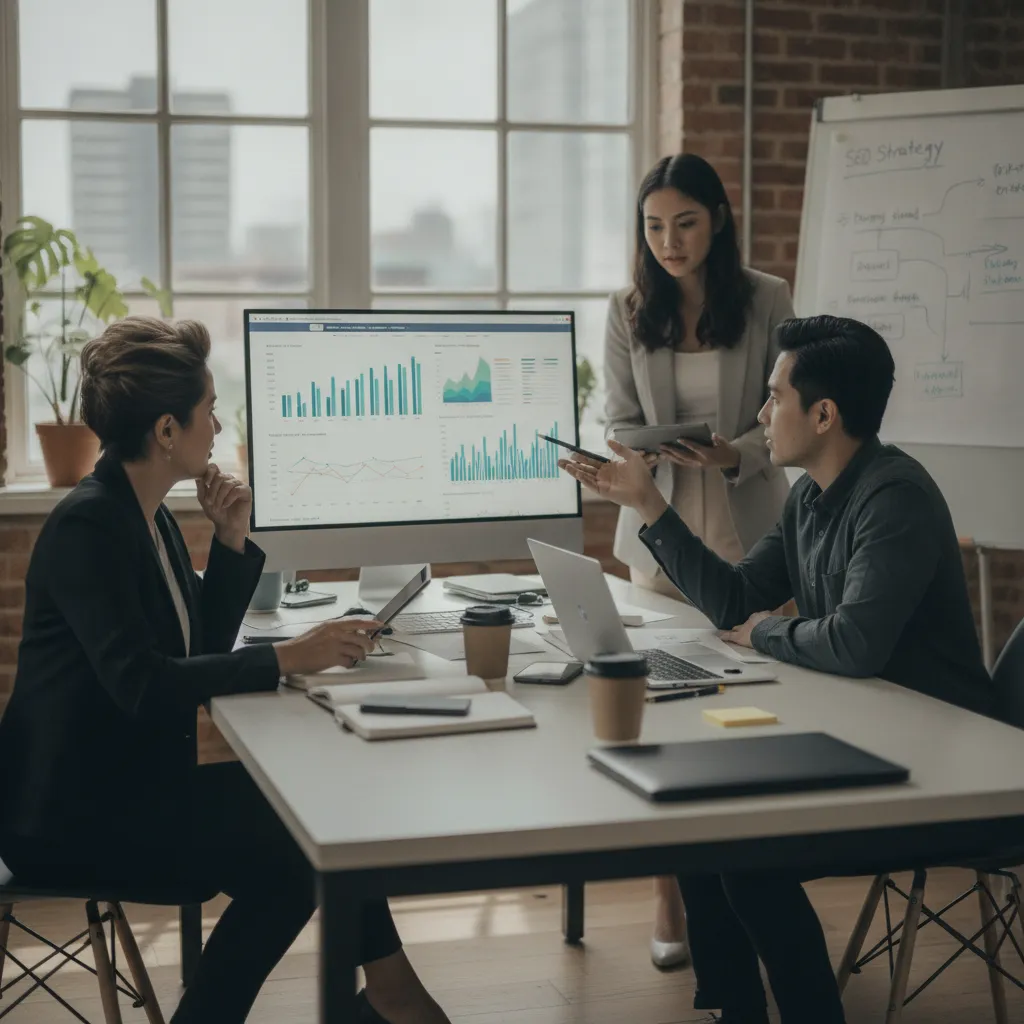 A Filipino business owner working with a digital agency to analyze website data and plan optimization strategies