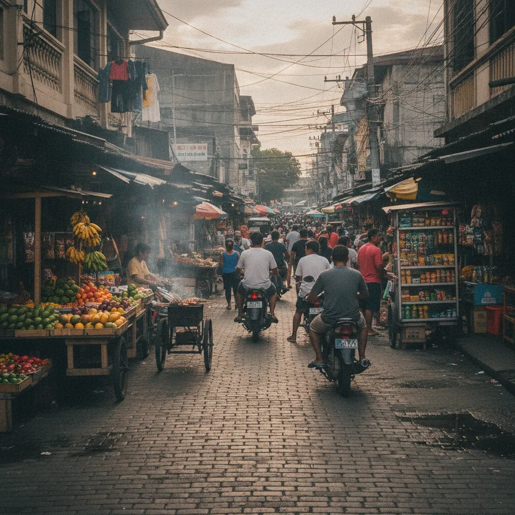 photographic scene of a busy street in the Philippines with small businesses, showcasing the local market atmosphere