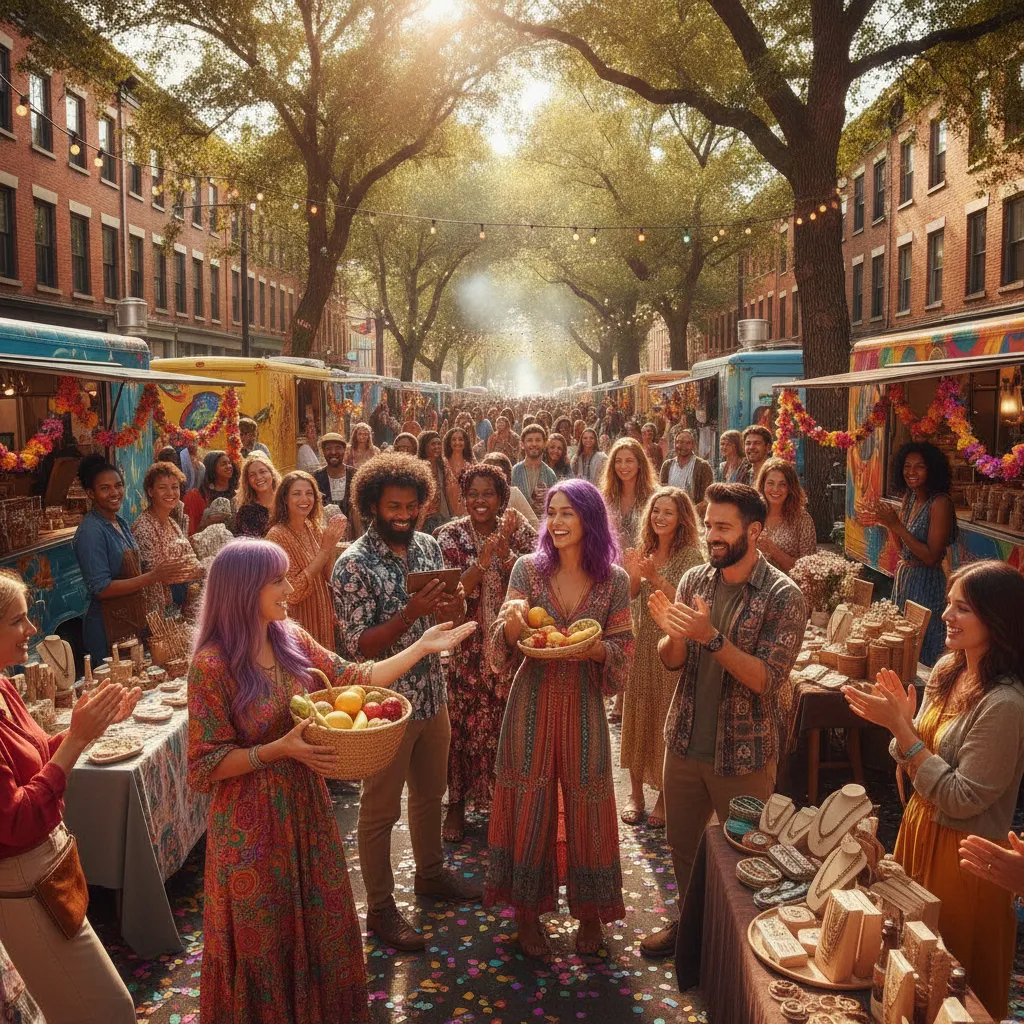 a colorful local event where influencers are promoting small business products to a lively crowd