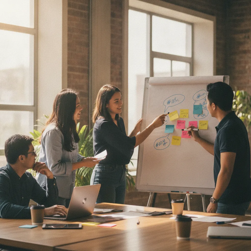 A team of Filipino digital marketers brainstorming content ideas around a whiteboard, with sticky notes showing local hashtags and campaign themes