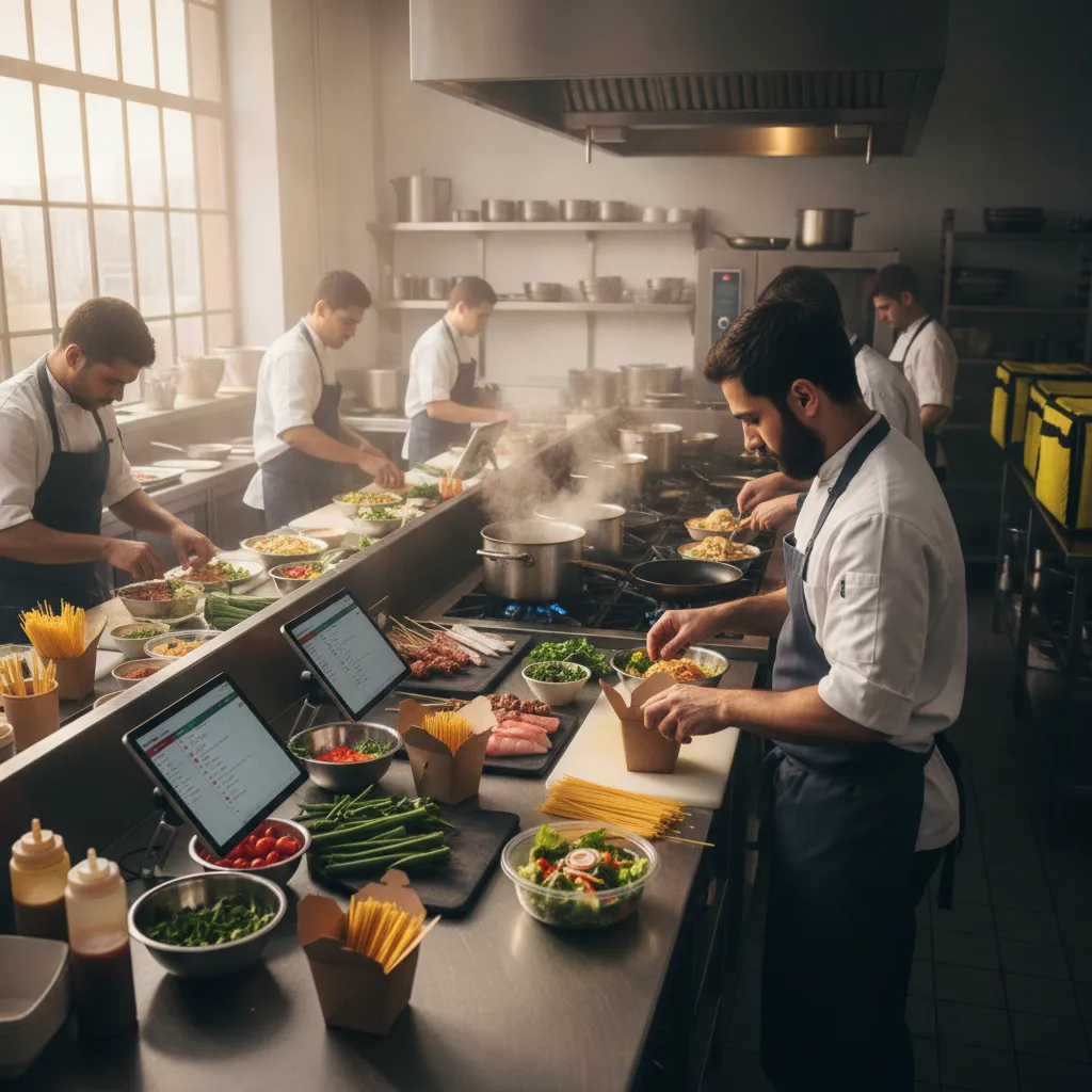 photographic scene of a restaurant kitchen preparing food for online orders, no text or logos
