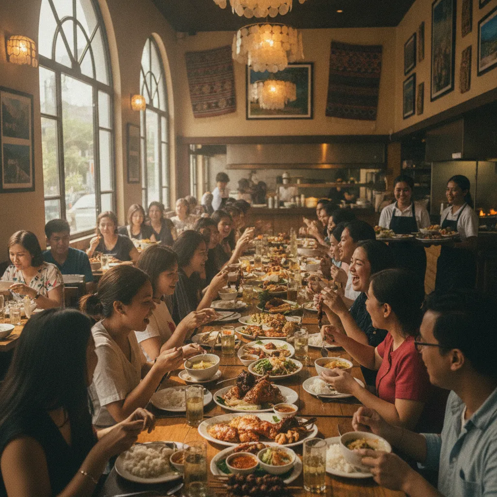 photographic scene of a Filipino restaurant with happy customers enjoying their meals