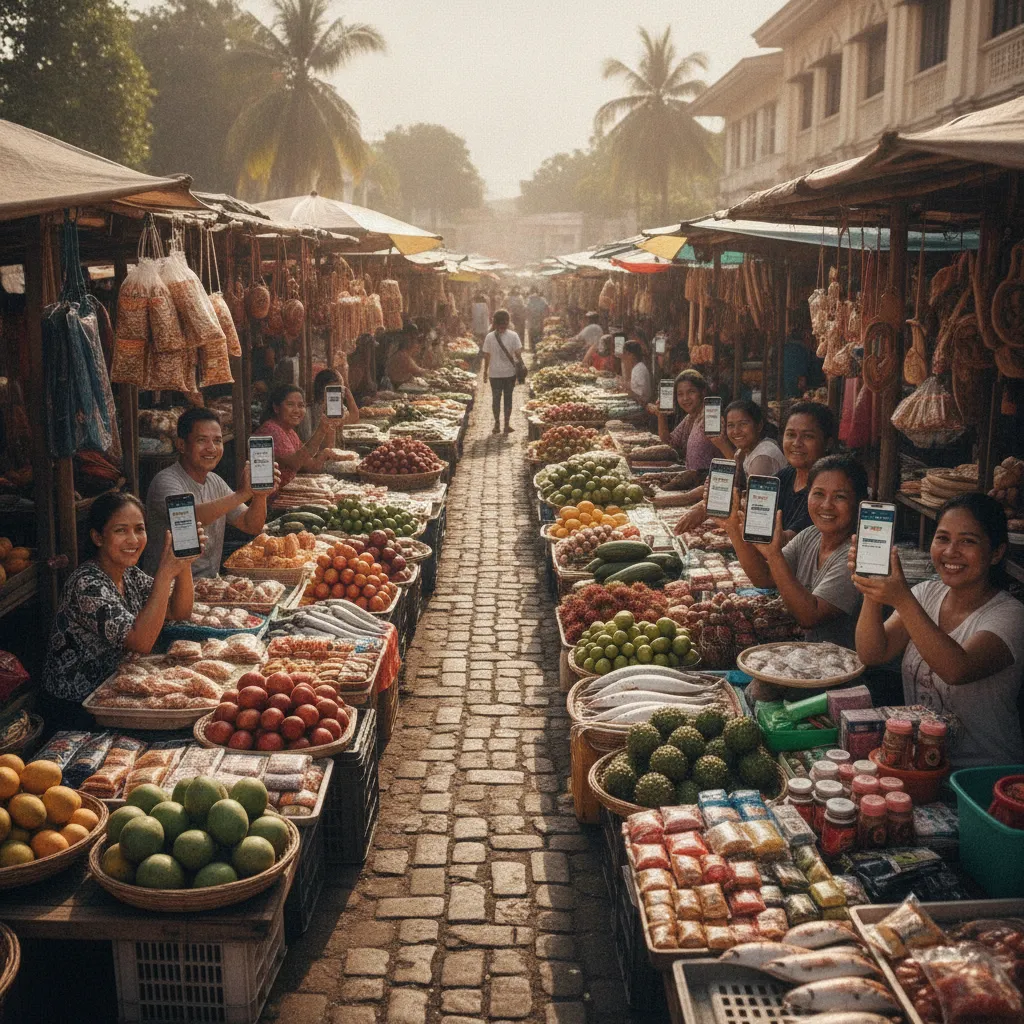 photographic scene of a vibrant market in the Philippines with small businesses showcasing their products on Facebook