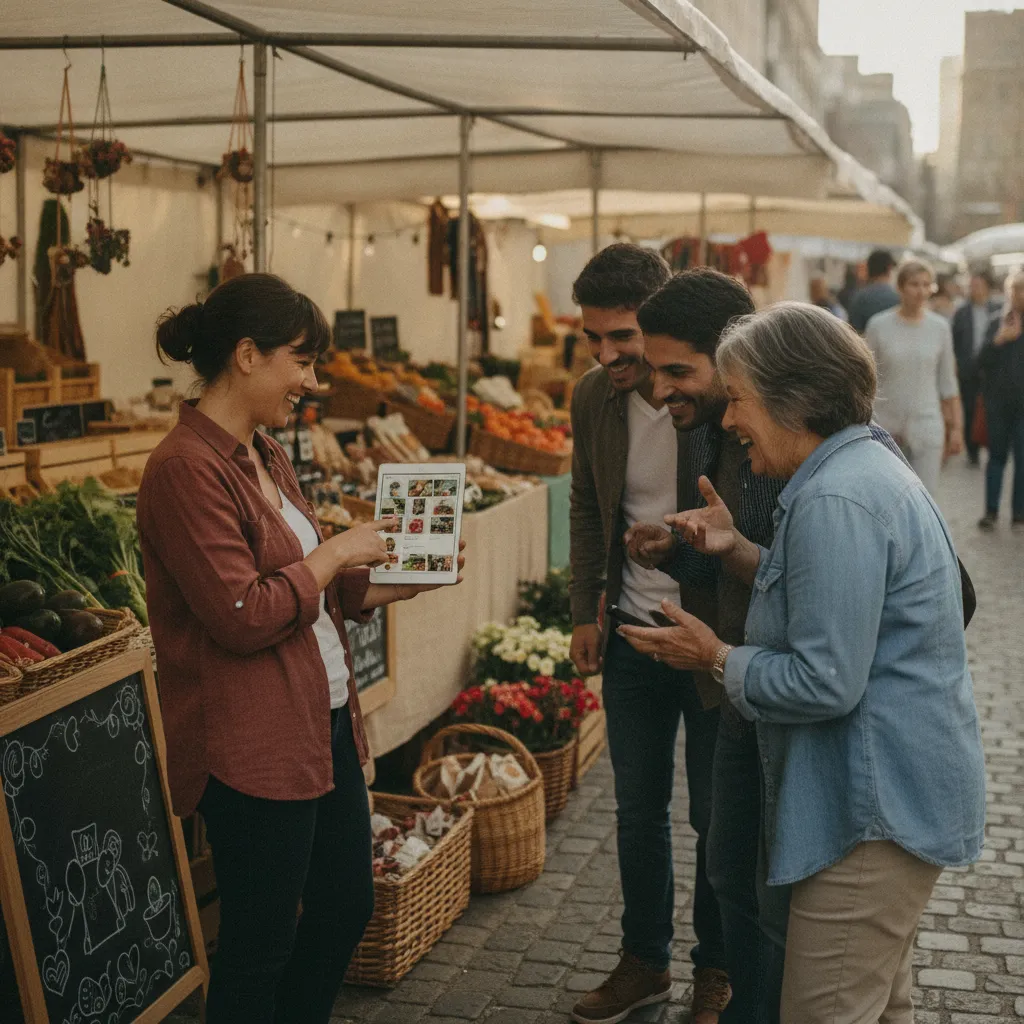 photographic scene of a business owner engaging with customers on social media in a local market