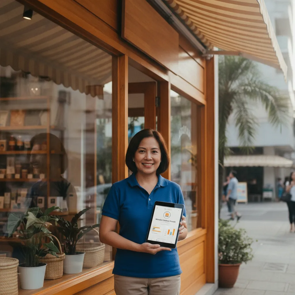 A Filipino business owner standing in front of their storefront, smiling and holding a tablet with their Google Business Profile open