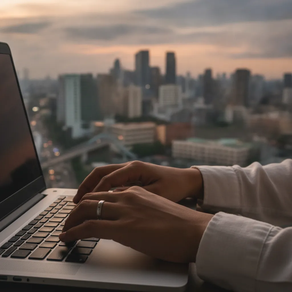 A close-up shot of a person's hands typing on a laptop keyboard, with a Filipino cityscape blurred in the background