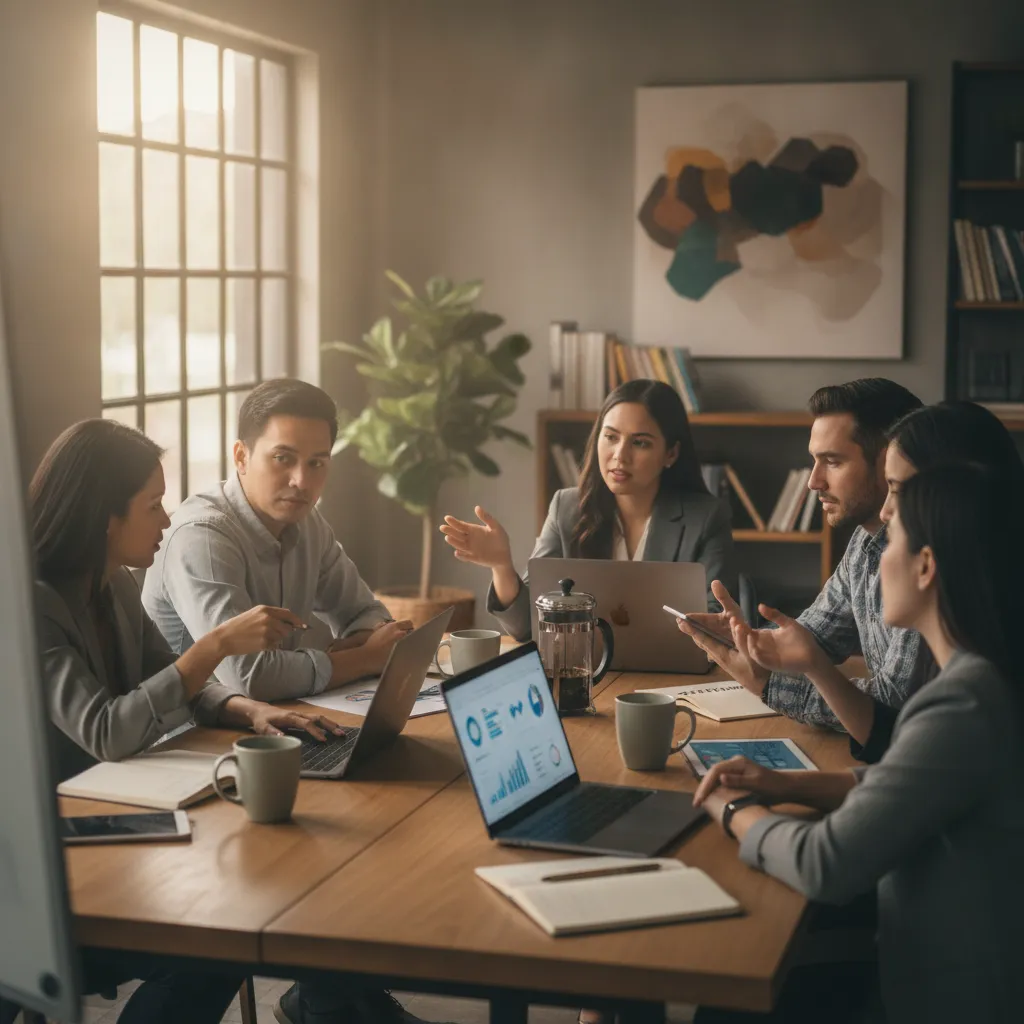 photographic scene of a Filipino SME team discussing customer insights around a table with laptops and coffee