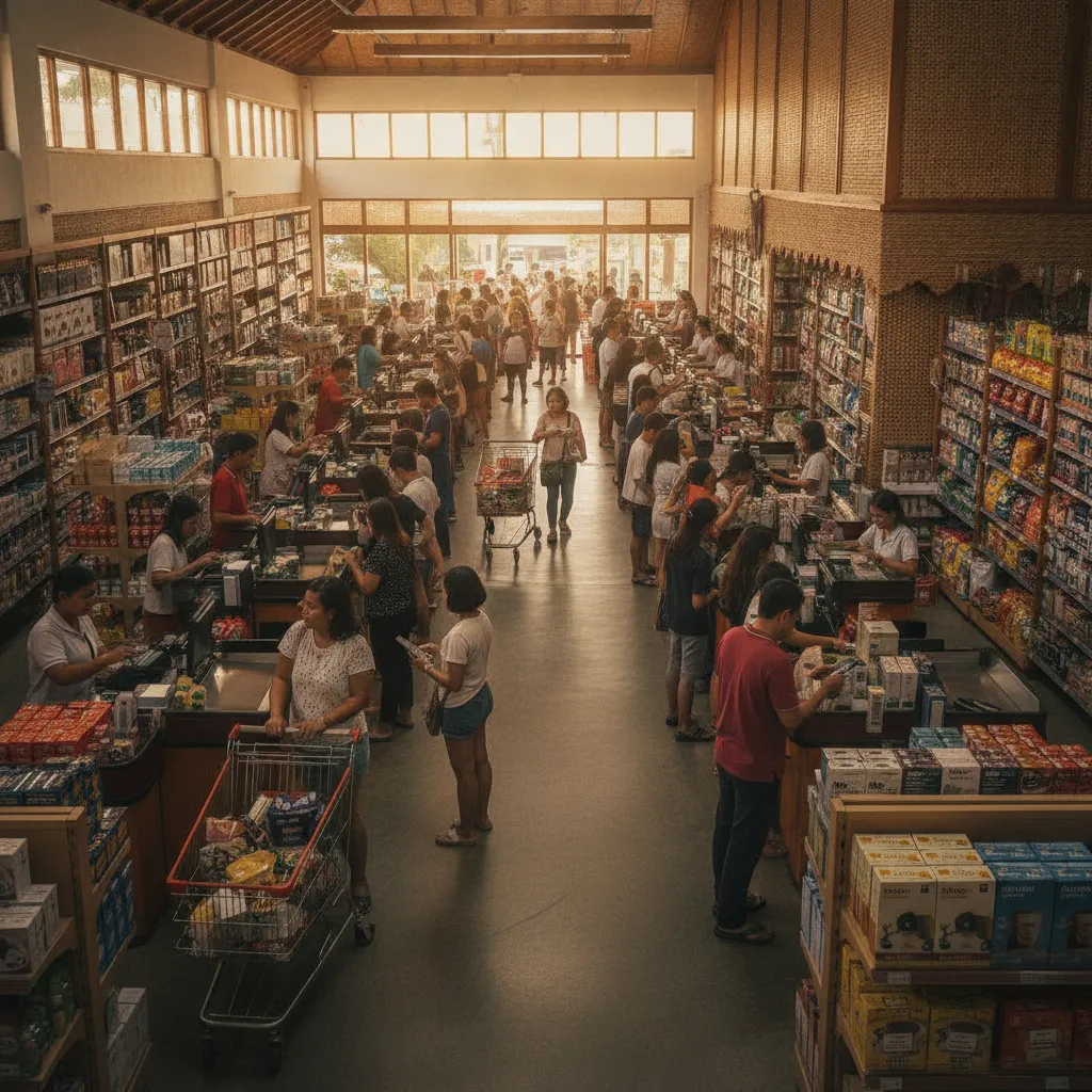 A busy retail store in the Philippines with a long line of customers at the checkout counter
