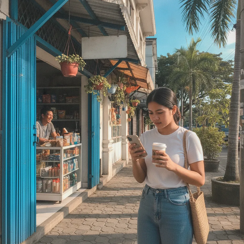 A customer leaving a review on their phone outside a small business in the Philippines