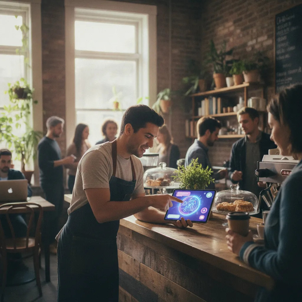 photographic scene of a busy local cafe with a staff member assisting customers and a visible AI chatbot interface on a tablet