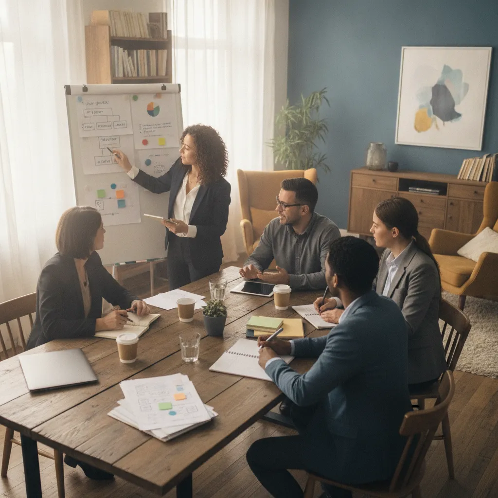 photographic scene of a business team discussing marketing strategies in a cozy office environment
