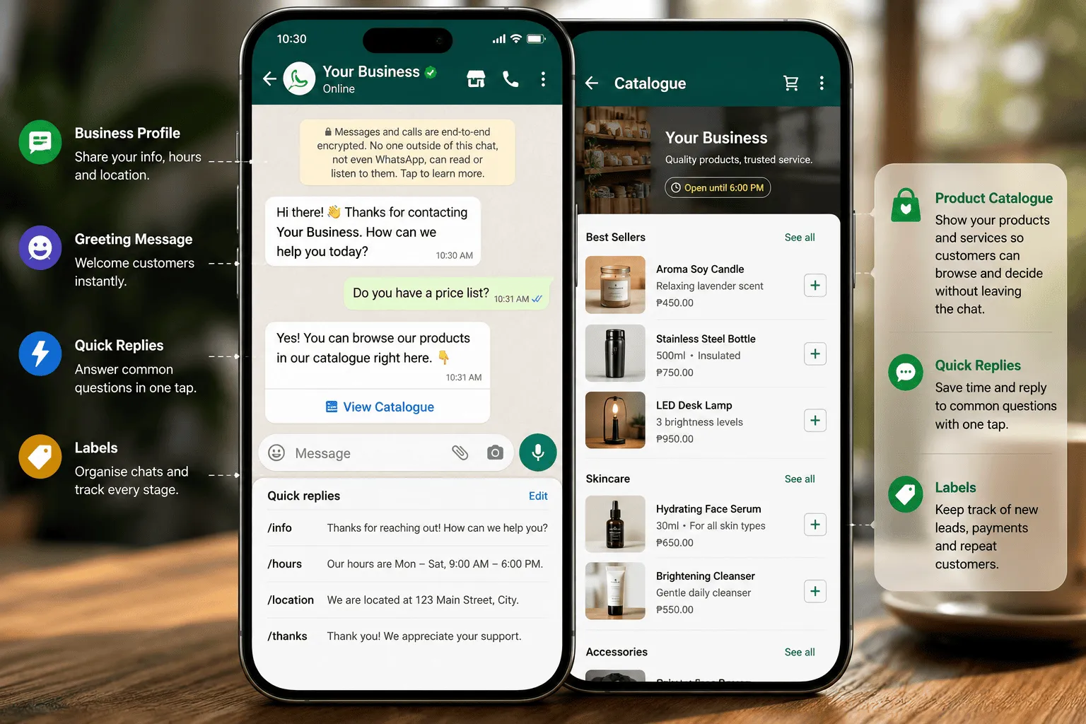 WhatsApp Business chat with a product catalogue and quick replies