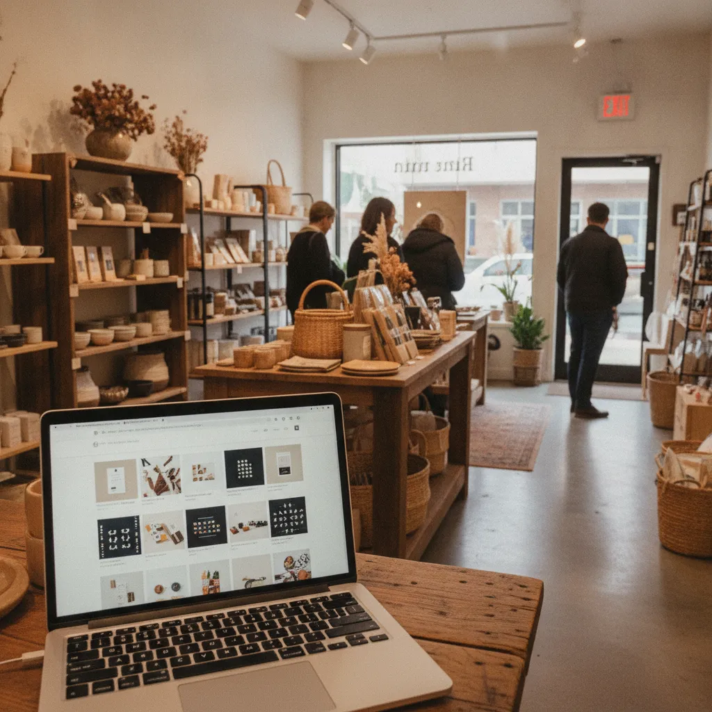 photographic scene of a small retail store with a well-designed website displayed on a laptop