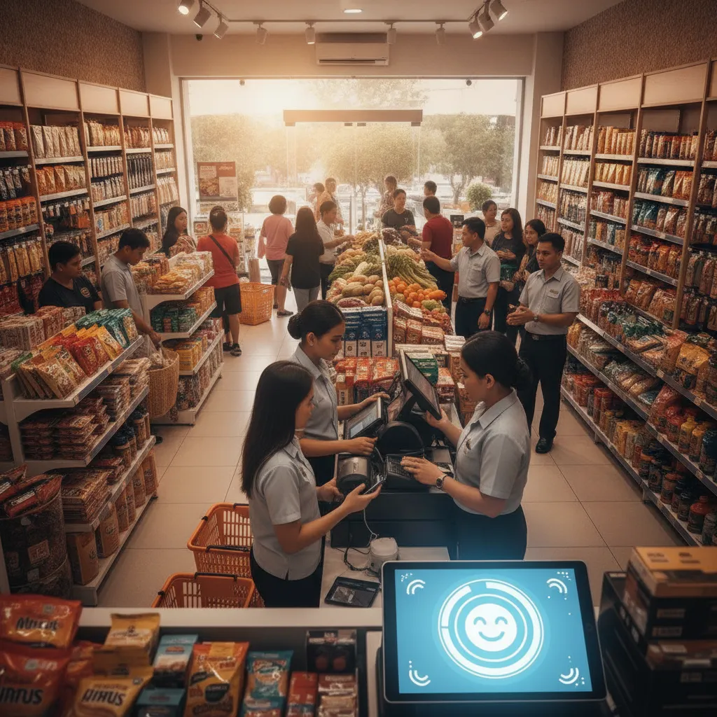 photographic scene, a busy Filipino retail shop with staff assisting customers while a chatbot interface is visible on a device