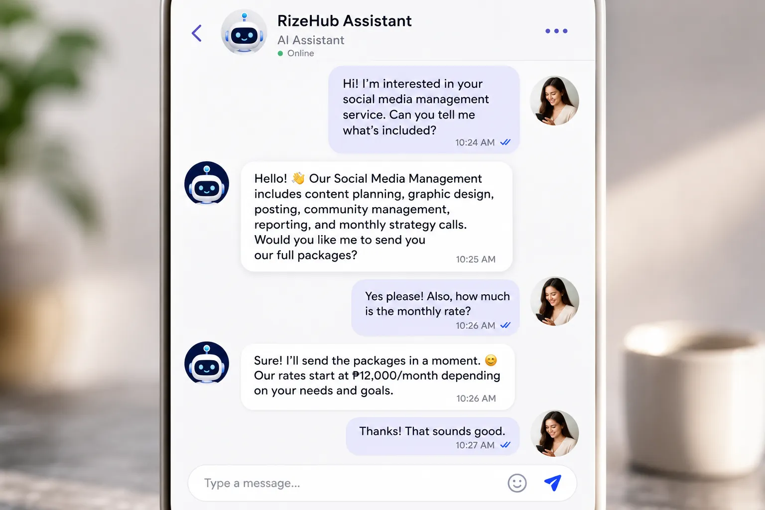 Chat conversation bubbles between a customer and an AI assistant