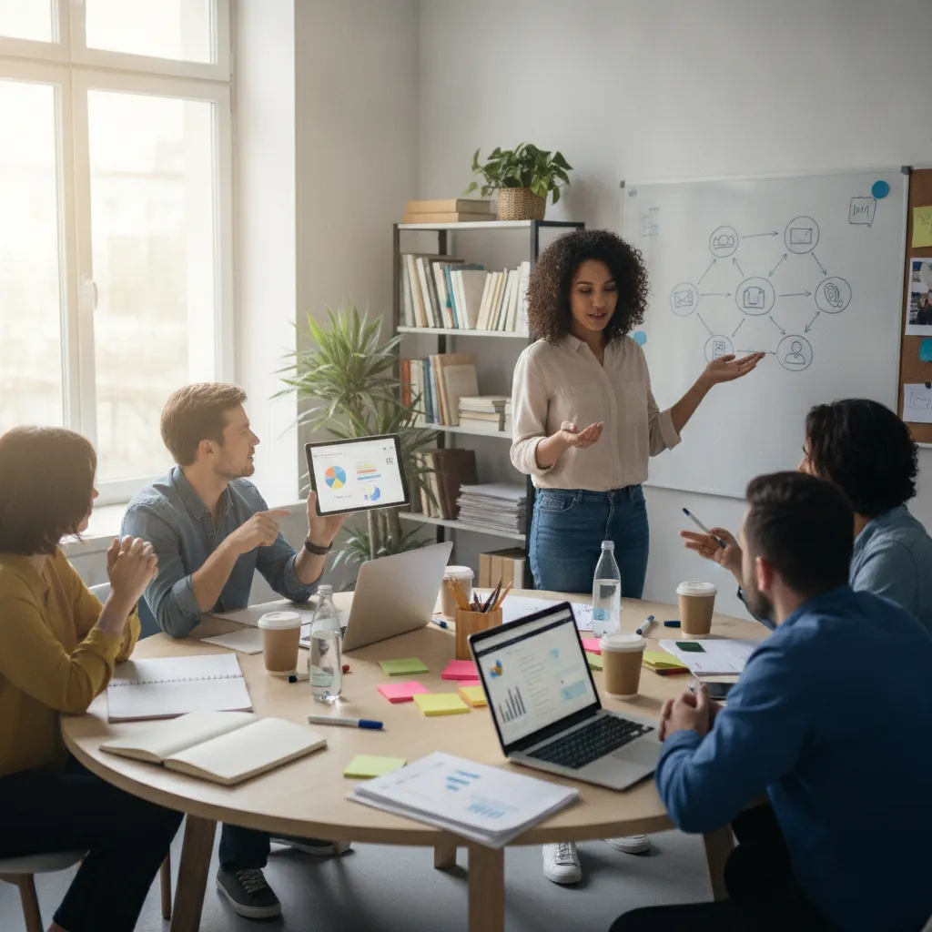 photographic scene of a team brainstorming social media strategies in a small office space