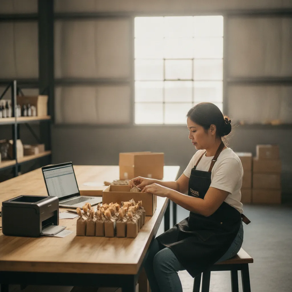 A Filipino small business owner packaging products in a warehouse, with a laptop and a printer in the background