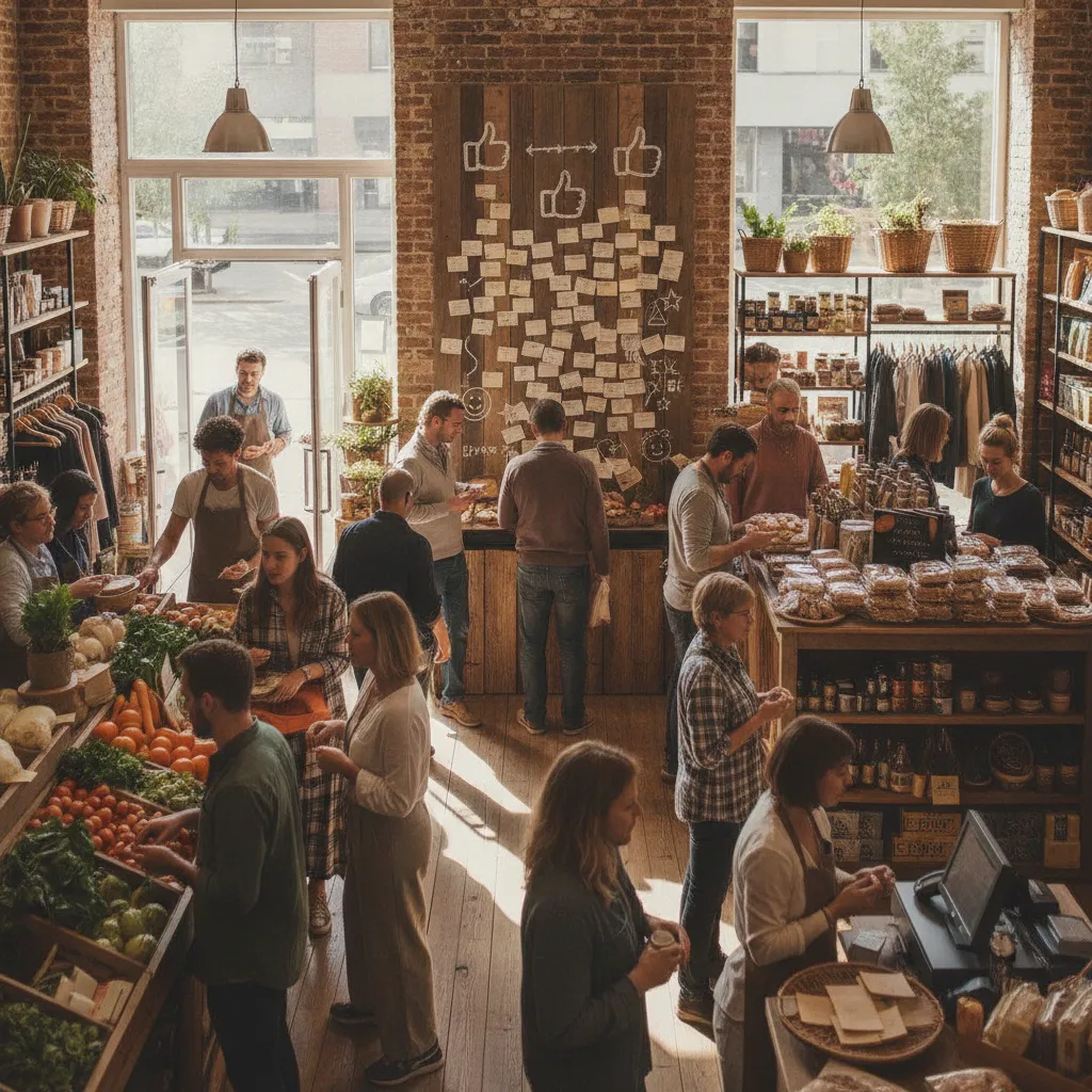 photographic scene of a busy local retail shop with customers interacting and a visible review board