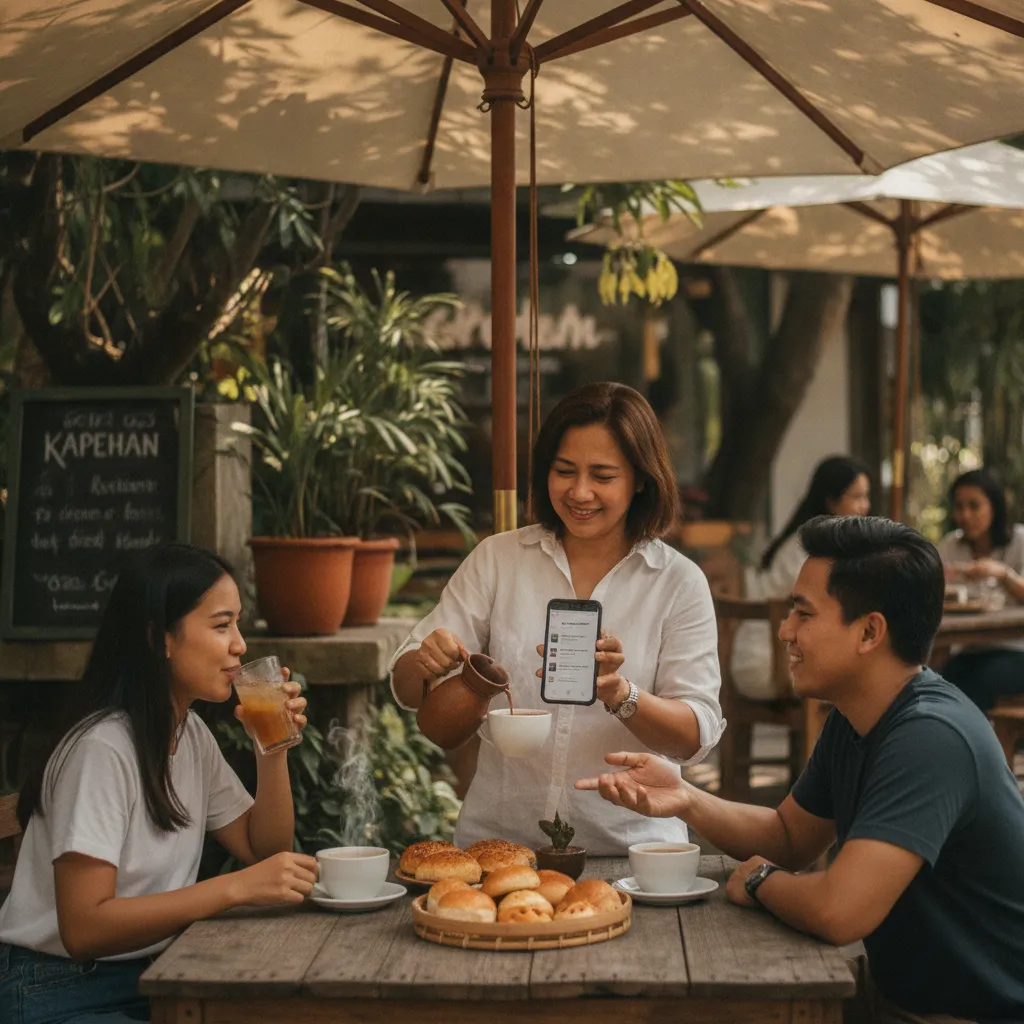 A Filipino café owner checking customer reviews on a smartphone while serving patrons at a outdoor table