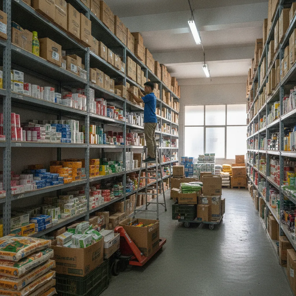 A stockroom in a Philippine retail store with shelves filled with products and a worker restocking inventory