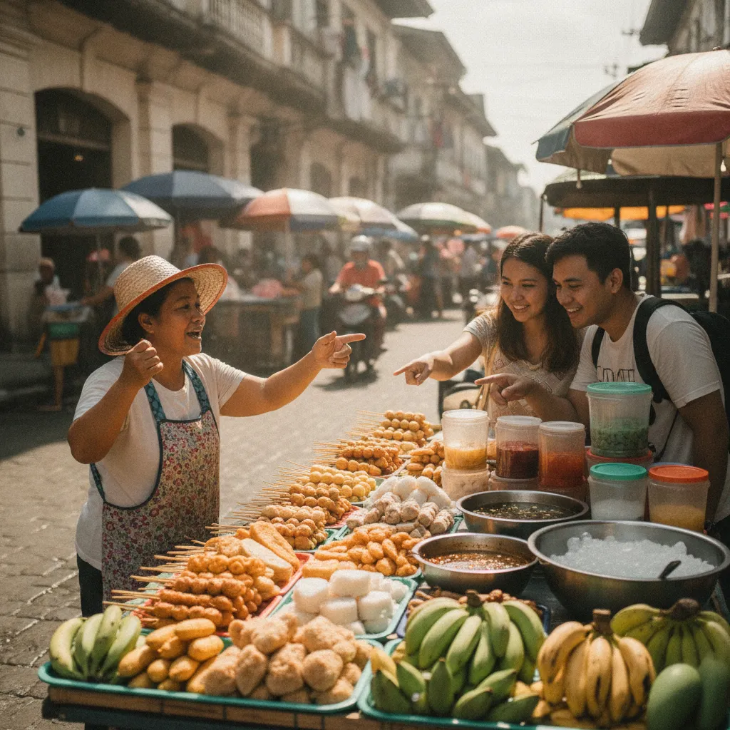 photographic scene of a street vendor in the Philippines showcasing their products to potential customers