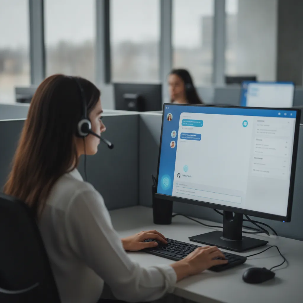 A customer service representative using a computer with an AI-powered chatbot system, in a call center