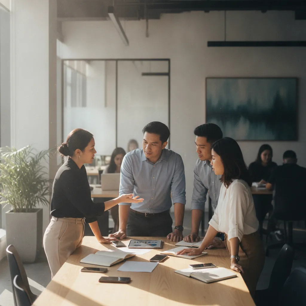 photographic scene of a group of people discussing mobile marketing strategies in a Filipino office environment