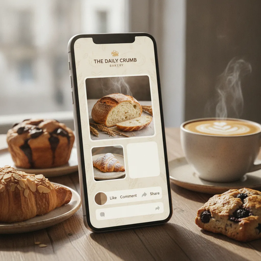 A close‑up of a smartphone screen displaying a well‑designed Facebook post for a local bakery, surrounded by fresh pastries and a coffee cup