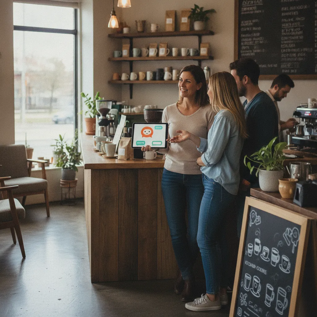 photographic scene of a small business owner using a chatbot on a tablet to assist customers in a shop.