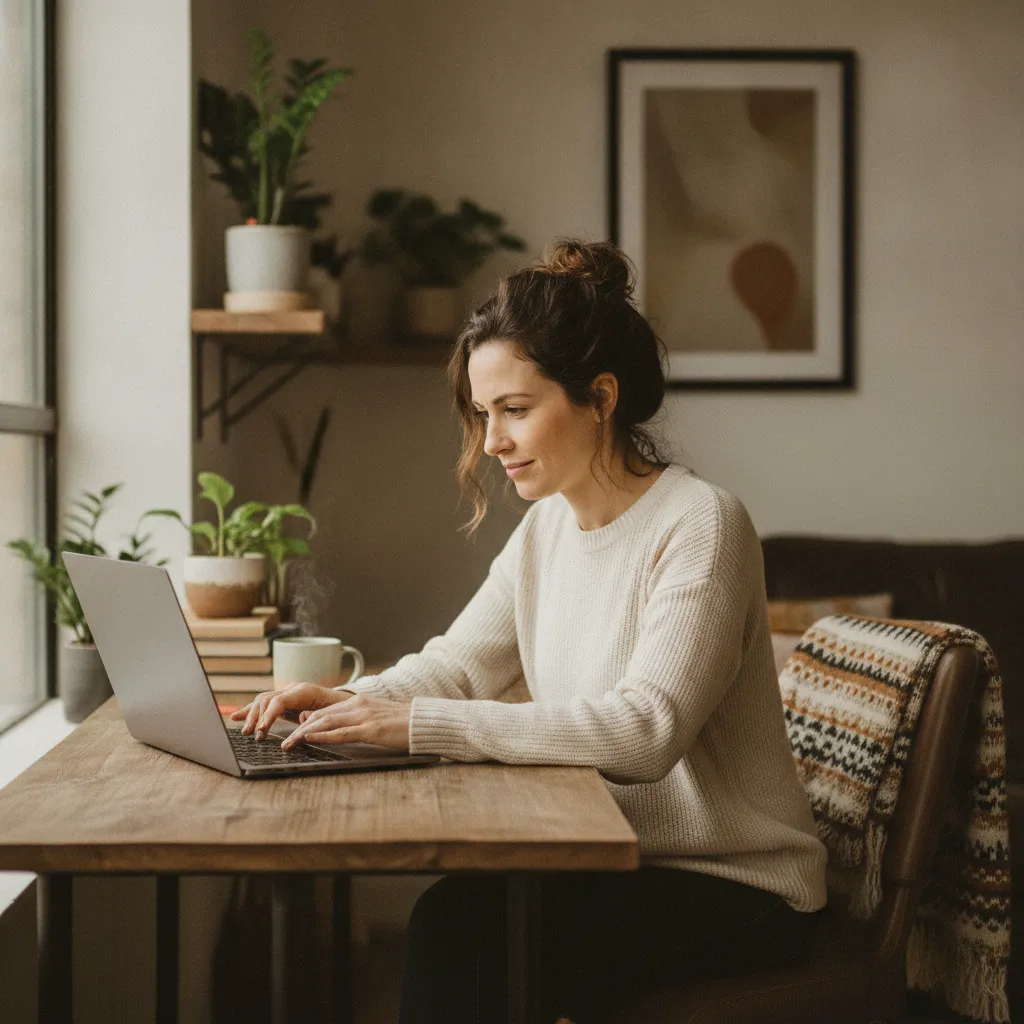 photographic scene of a business owner responding to customer reviews on a laptop in a cozy workspace