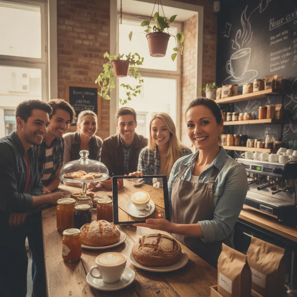 photographic scene of a small café owner engaging with customers on Facebook while showcasing their products