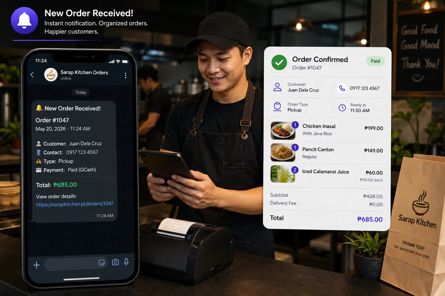 Order confirmation notification sent to a restaurant via messaging
