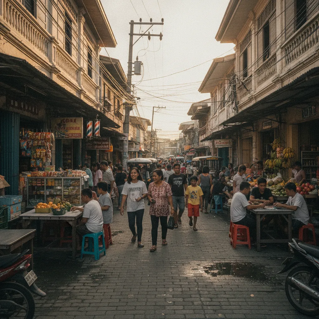 A bustling street in a Filipino neighborhood with small businesses and customers interacting