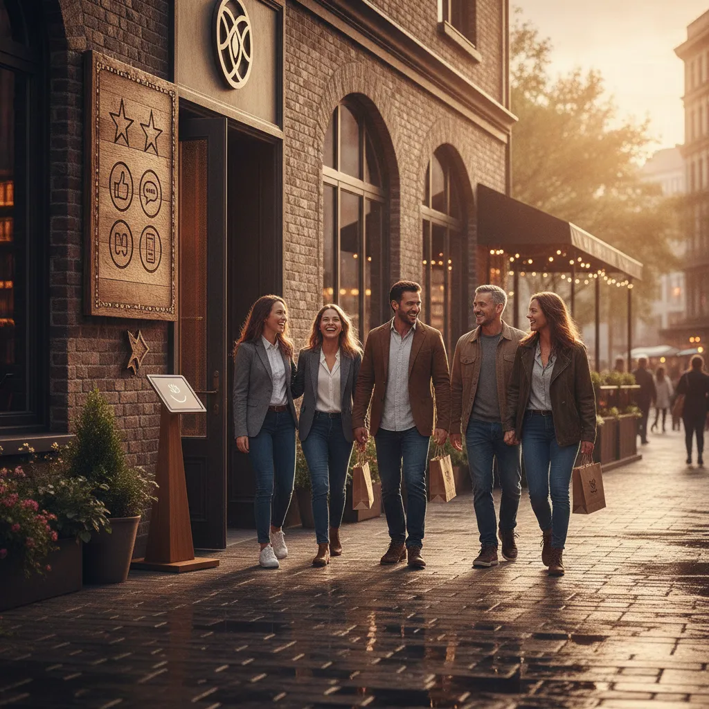 a scene of happy customers leaving a restaurant with a sign encouraging reviews