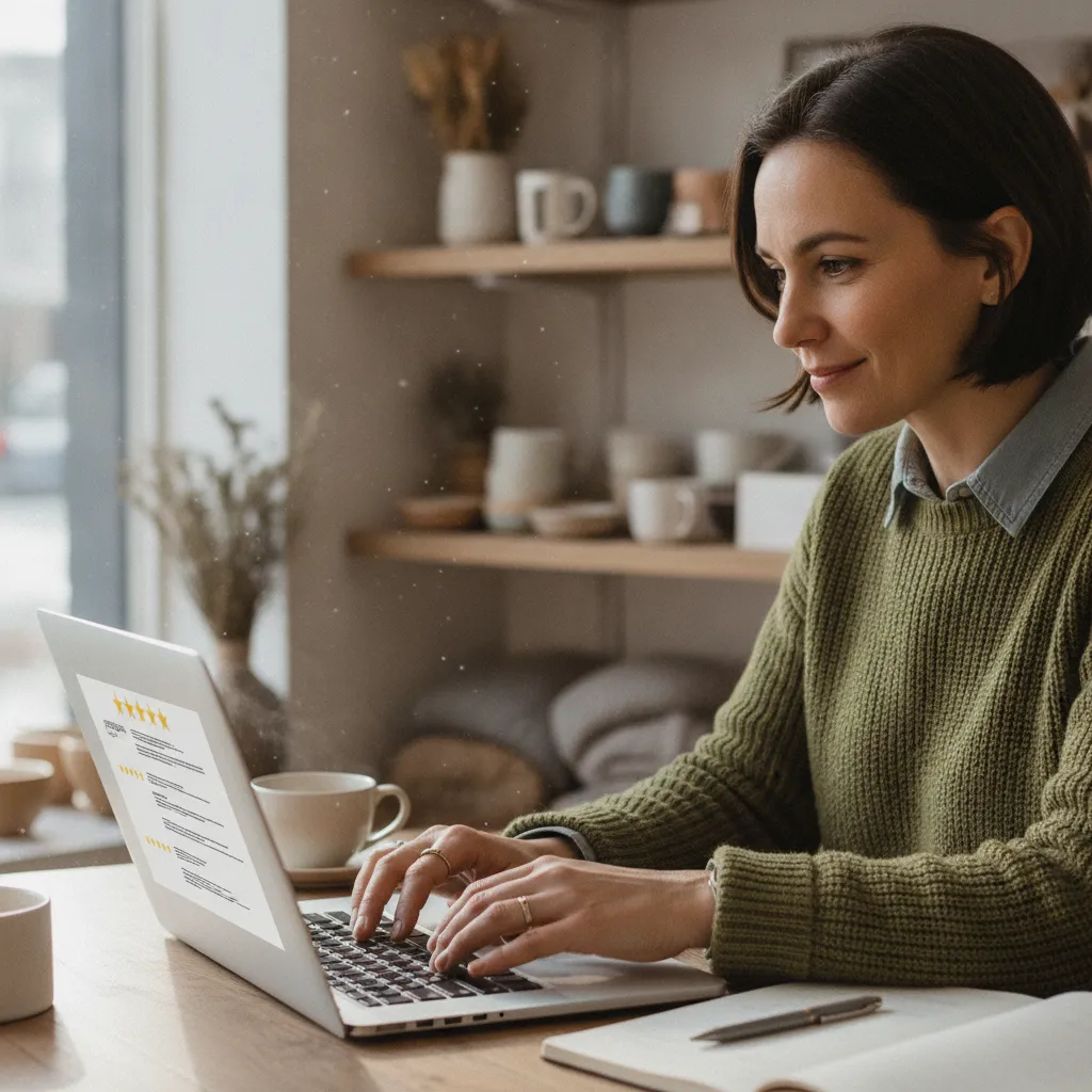 a close-up of a business owner responding to customer reviews on a laptop in a cozy store