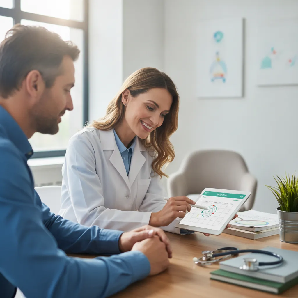 photographic scene of a doctor consulting with a patient using an online booking system on a tablet in a clinic