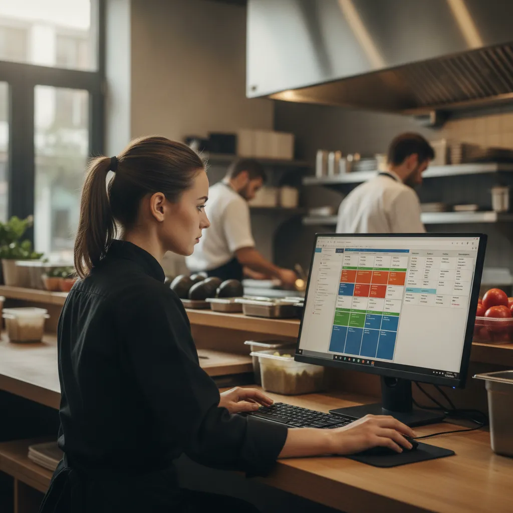 photographic scene of a restaurant staff member managing online orders at a computer, no text or logos