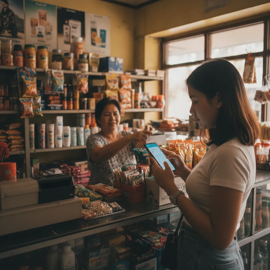 photographic scene of a Filipino retail store with a display of products and a customer using a smartphone to order online