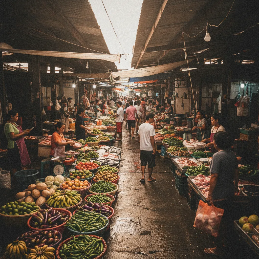 photographic scene of a Filipino local market bustling with small businesses