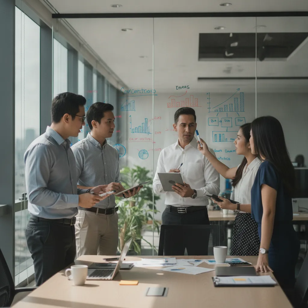 A photo of a group of Filipino marketers discussing and analyzing data on a whiteboard in a modern office setting