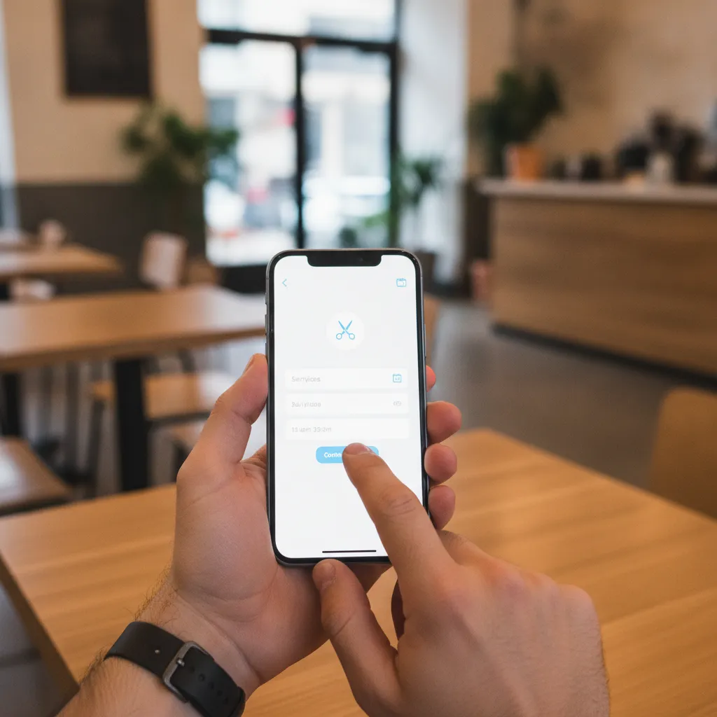 close‑up of a client using a smartphone to book a haircut on a clean Webflow page, café‑style seating in the background